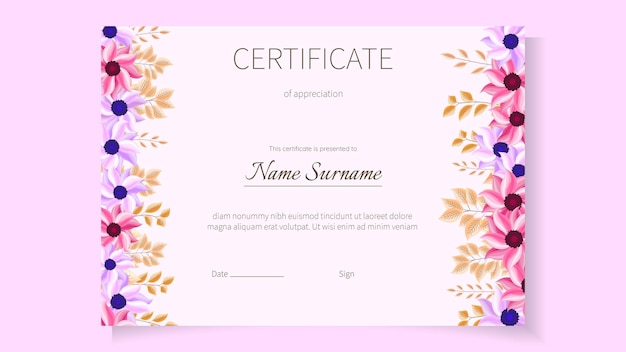 Vector flower floral certificate template for achievements graduation diploma