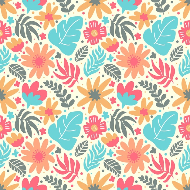 Vector flower and foliage colorful doodle seamless pattern