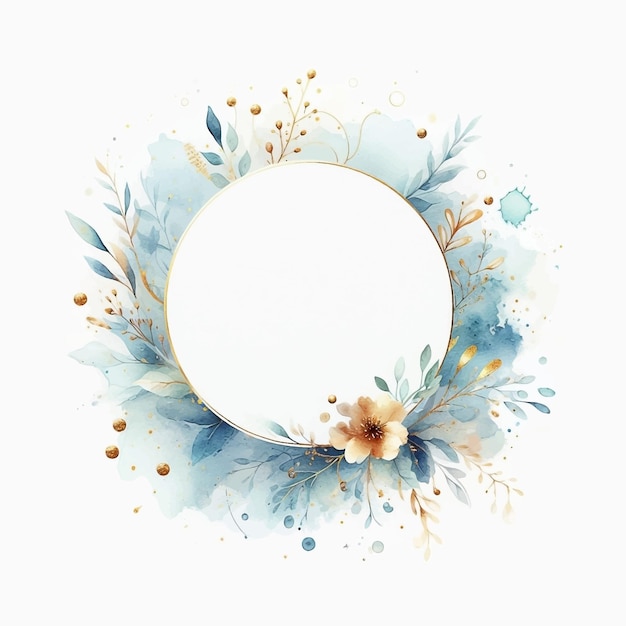 Vector flower frame blue gold with watercolor splash