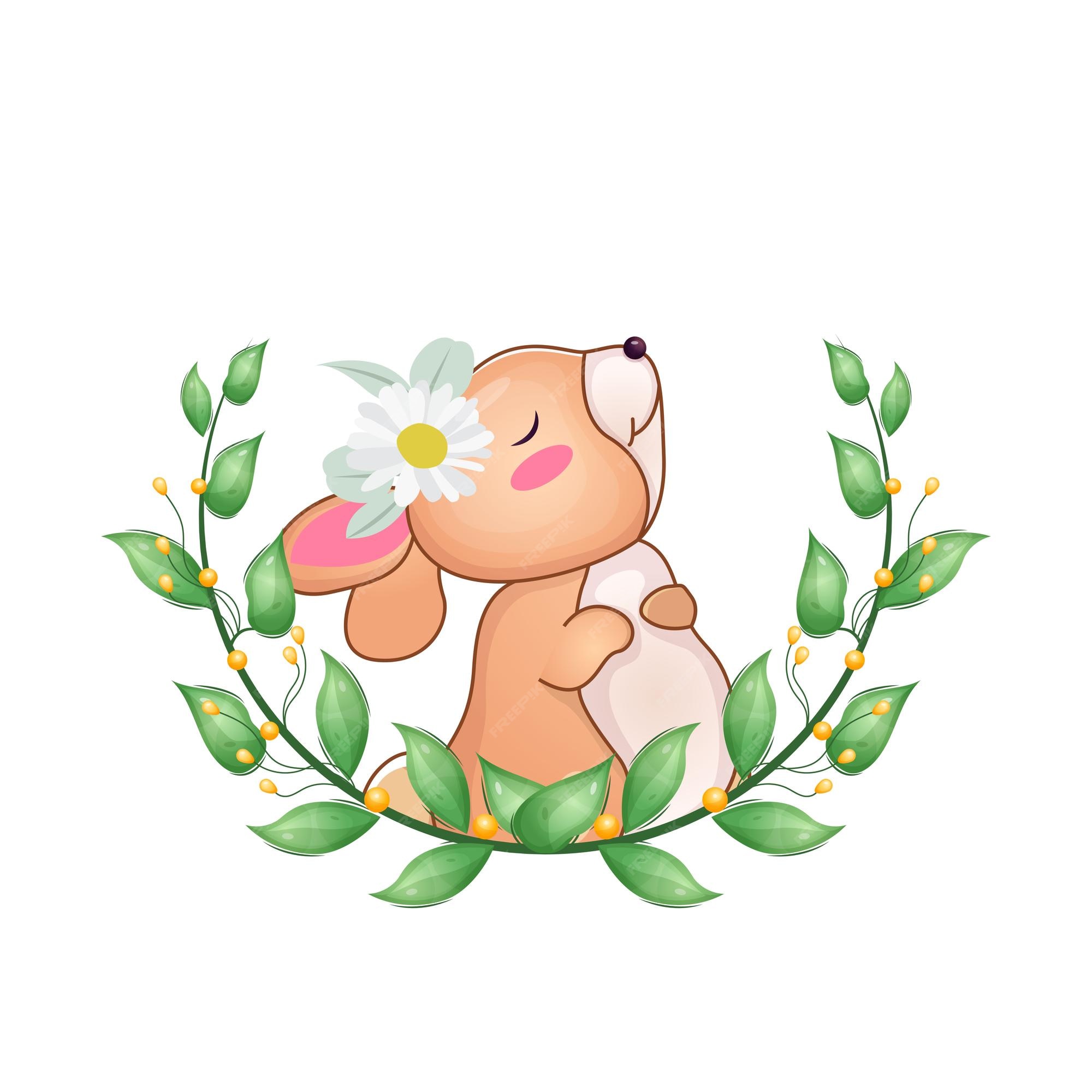 Premium Vector | Flower frame cute cartoon brown bunny
