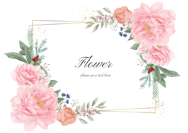 Flower frame golden pink peony. Wedding flower invitation card. Watercolor flora greeting.