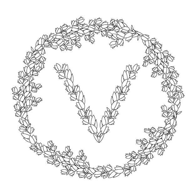 flower frame and letter V, on an isolated background, coloring book pages