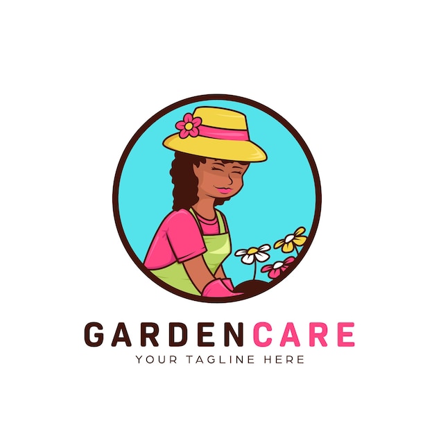 겸손한 아프리카 정원사 여자 마스코트 일러스트와 함께 꽃 정원 풍경과 lawncare 로고