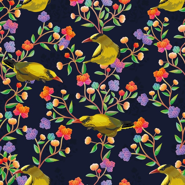 Vector flower graphic and yellow bird seamless pattern.