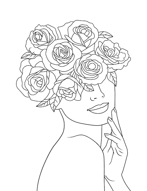 Flower head Feminine Illustration line drawing Woman face with flowers line art