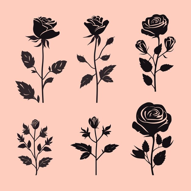 Vector flower icon set of decorative rose silhouettes on pink background vector rose