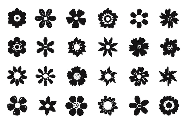 Цветочные иконки силуэты изолированы на белом фоне простые маргаритки цветы черные силуэты набор