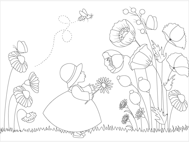 Vector flower illustration coloring page for kids