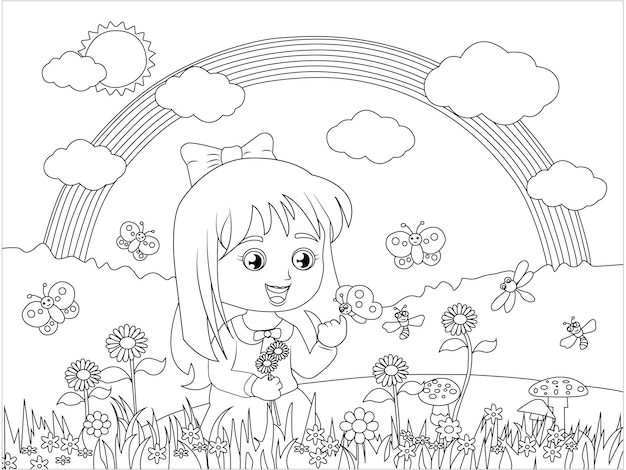 Vector flower illustration coloring page for kids