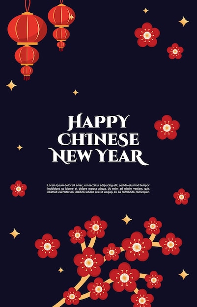 Flower lantern happy chinese new year celebration blue greeting card