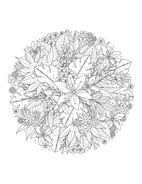 Flower and leaf hand drawn Mandala coloring pages for adults and kids coloring book