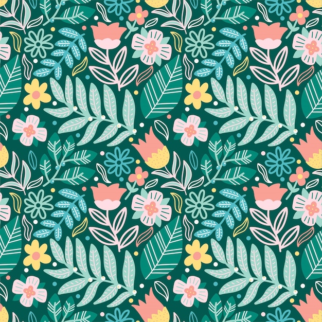 Flower and leaves colorful doodle seamless pattern