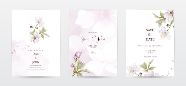 Vector flower and leaves watercolor wedding invitation template cards set