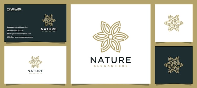 Fiore logo design ispirazione per la cura della pelle, yoga, cosmetici, saloni e spa, con concetto di linea e biglietto da visita