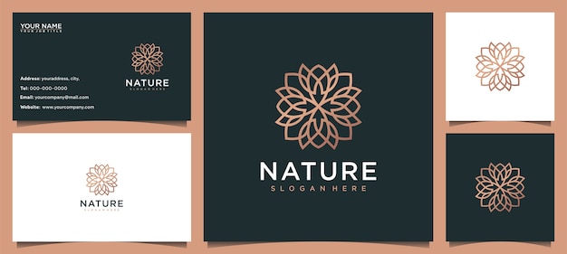 Fiore logo design ispirazione per la cura della pelle, yoga, cosmetici, saloni e spa, con concetto di linea e biglietto da visita