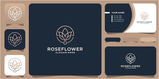 Flower logo design template with line art concept and businnes card