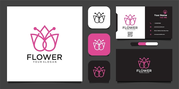 Flower logo design with line art style and business card