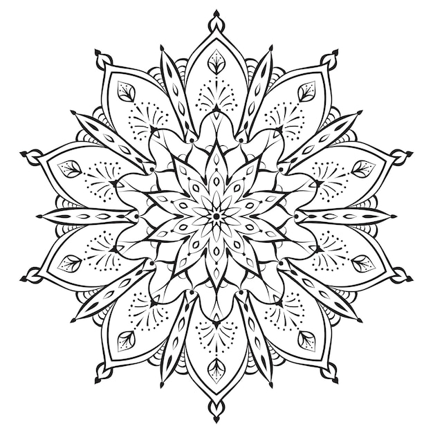 Pagina da colorare di fiori mandala intricata forma floreale simmetrica per una colorazione consapevole contorno nero su sfondo bianco