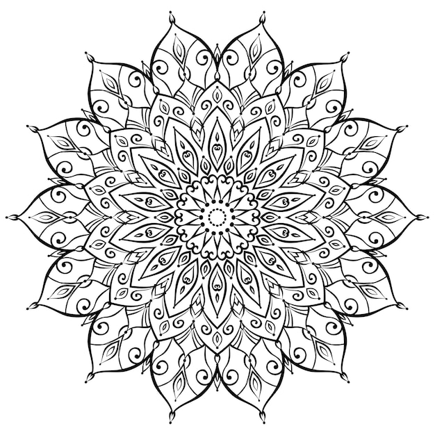Flower mandala coloring page Intricate symmetrical floral shape for mindful coloring Black outline on white background