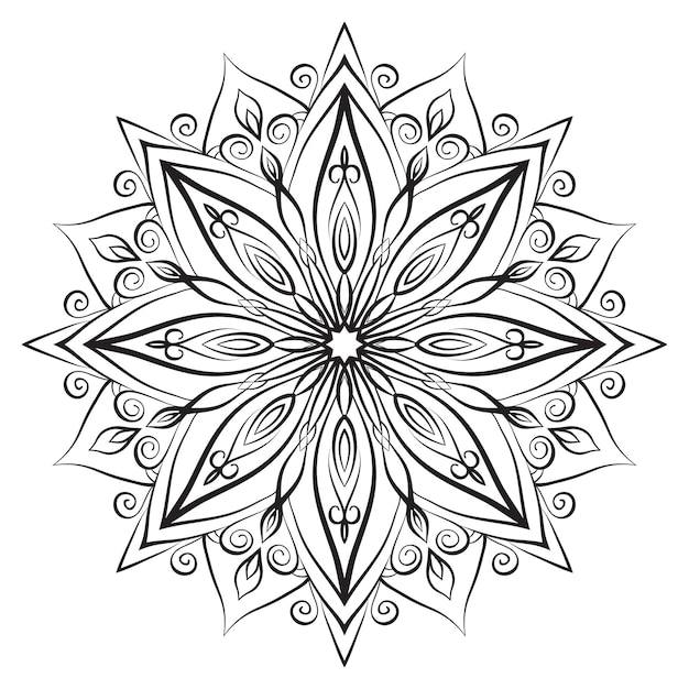 Flower mandala coloring page Intricate symmetrical floral shape for mindful coloring Black outline on white background