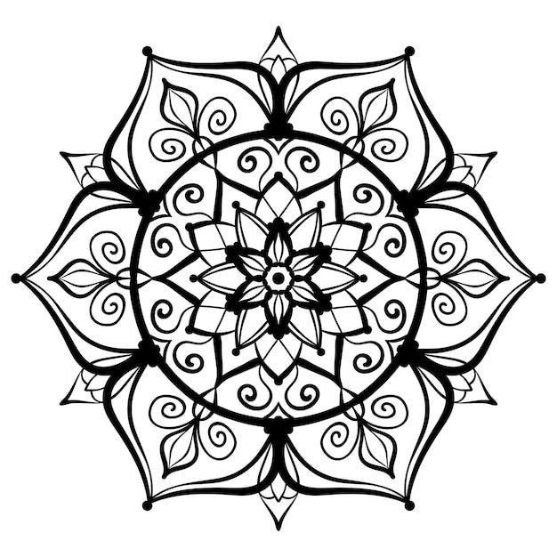 Vector flower mandala coloring page simple symmetrical floral shape for mindful coloring black outline on white background