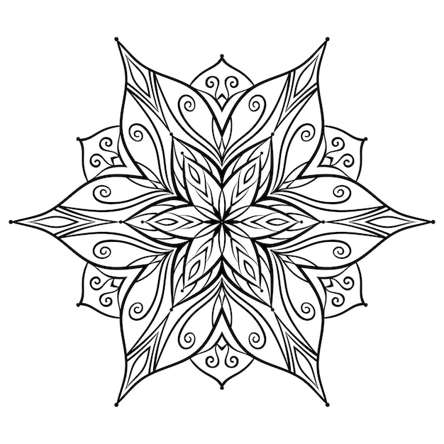 Vector flower mandala coloring page simple symmetrical floral shape for mindful coloring black outline on white background