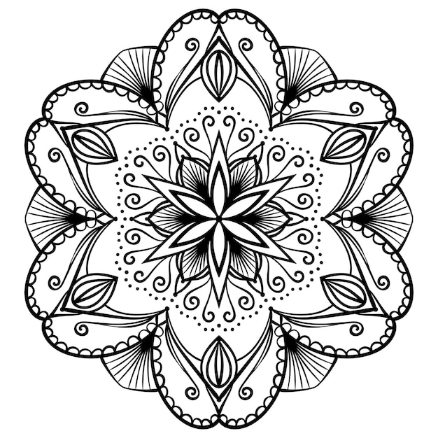 Flower mandala coloring page Simple symmetrical floral shape for mindful coloring Black outline on white background