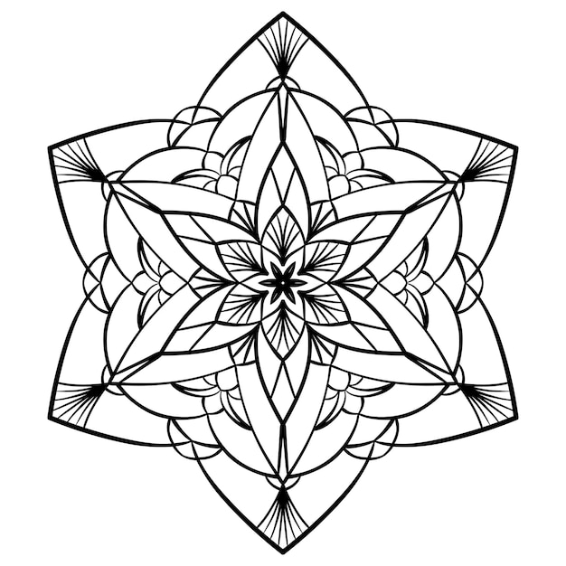 Flower mandala coloring page Simple symmetrical floral shape for mindful coloring Black outline on white background