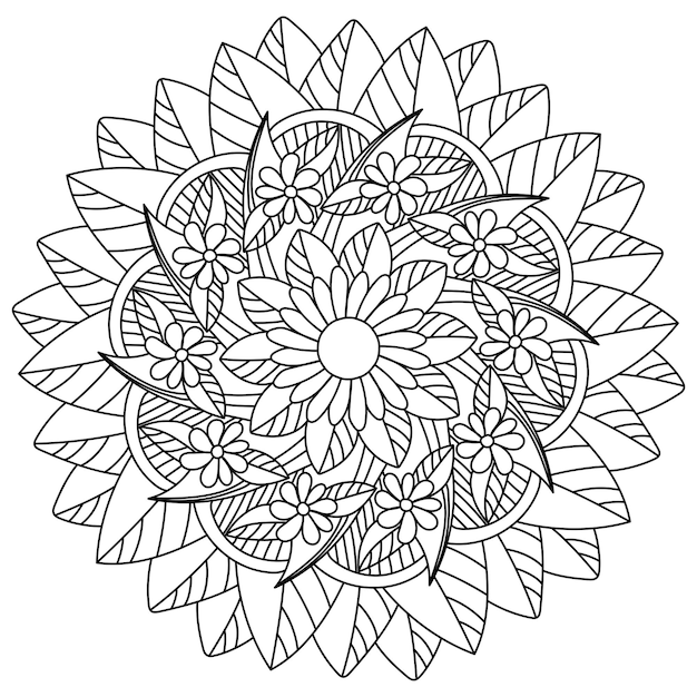 Flower mandala coloring page with doodle flowers and leaves round antistress illustration