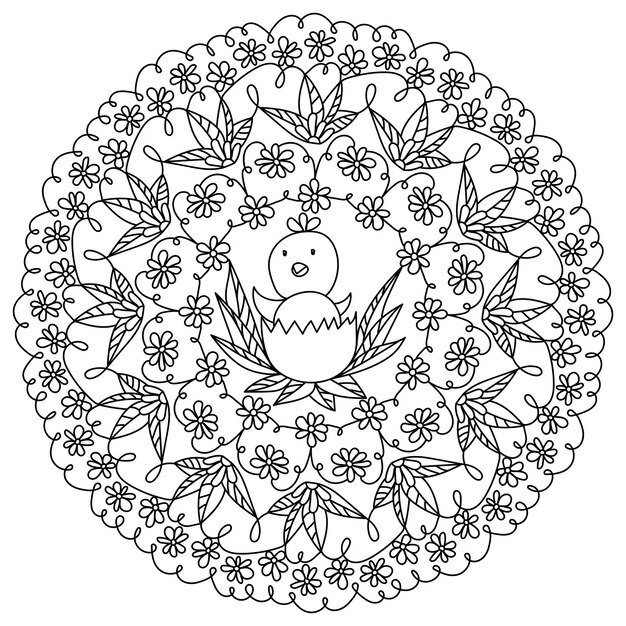 Vector flower mandala with curls and a chicken in the center coloring page on easter theme