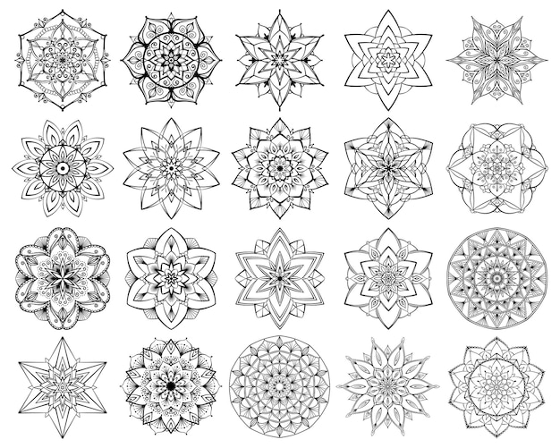 Flower mandalas set Intricate and simple mandalas coloring pages Symmetrical floral shapes for mindful coloring Black outline on white background