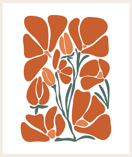 꽃 시장 포스터 인쇄 세트 트렌디한 추상 식물학 벽 예술, 흙빛 색상의 꽃무늬 디자인 현대 순진하고 멋진 펑키 실내 장식 그림 벡터 아트 그림