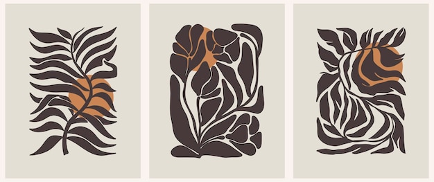 꽃 시장 포스터 인쇄 세트 트렌디한 추상 식물학 벽 예술, 흙빛 색상의 꽃무늬 디자인 현대 순진하고 멋진 펑키 실내 장식 그림 벡터 아트 그림