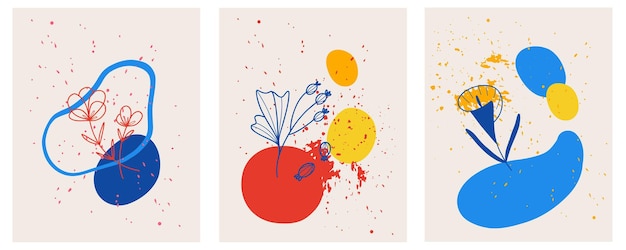 벡터 꽃 최소한의 포스터 세트 손으로 그린 선 야생 꽃과 추상 모양 현대 벽 예술 꽃 장식 소셜 미디어 게시물과 이야기 밝은 색상 식물 벡터 일러스트와 함께 나뭇잎