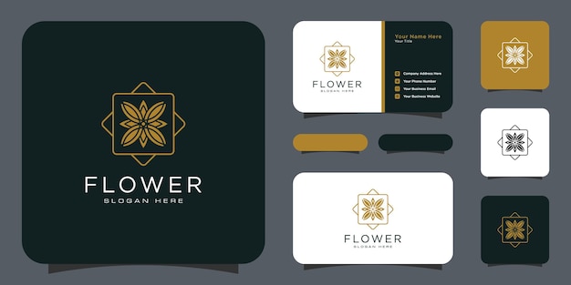 Flower mono line luxury logo with business card design