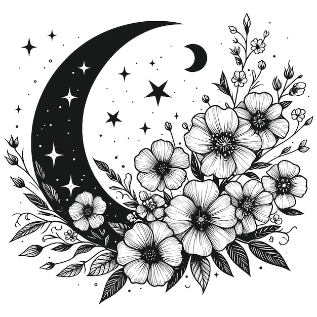 Flower Moon Crescent Moon Flower Floral Moon Celestial Moon vector File