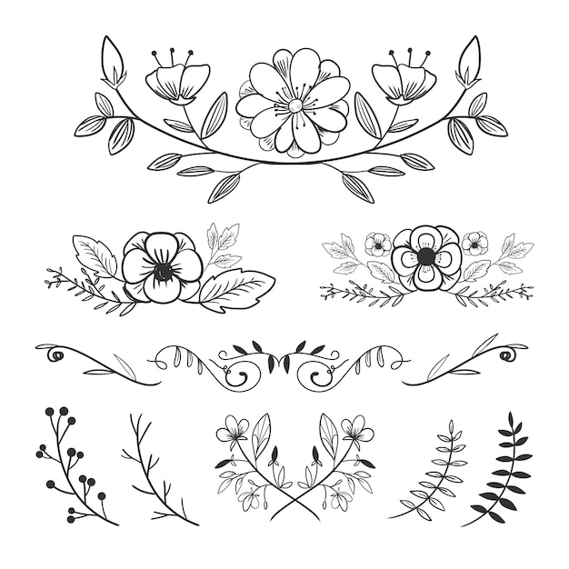 Vector flower ornament arrangement collection set in hand drawn style with laurels and leaves.