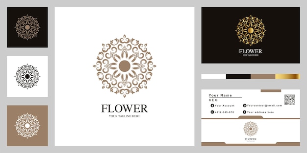 名刺と花や飾りの豪華なロゴのテンプレートデザイン。