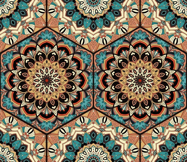 Flower Pattern Seamless blue brown tile boho background Intricate floral hexagon design element for wallpaper gift paper fabric print furniture curtain Unusual honey comb decorative ornament