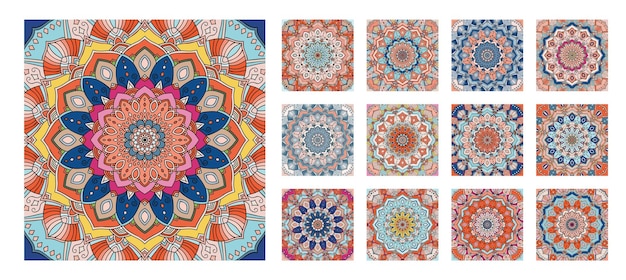 Flower pattern tiles set Intricate floral ornament Round decorative element in square shape One design different coloring For wall floor interior greeting card invitation Vector background