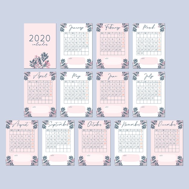 Vector flower peach pink 2020 calendar card