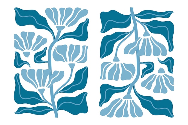 Flower poster Blue Matisse floral Art Deco inspired elegant hue Delicate reflection stem leaves