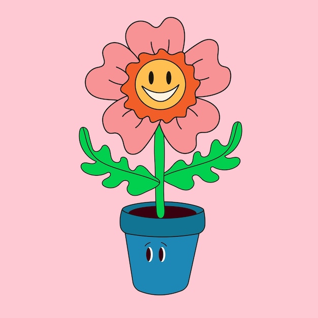 Flower pot Abstract cartoon character with a face Hand drawn vector illustration Botanical pot