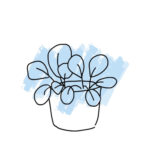 A flower in a pot on the background of a blue paint spot Doodle potted flowers on a background