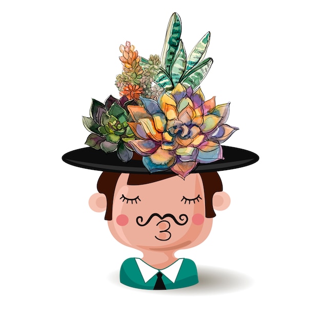 Flower pot boy in a hat with a bouquet of succulents.