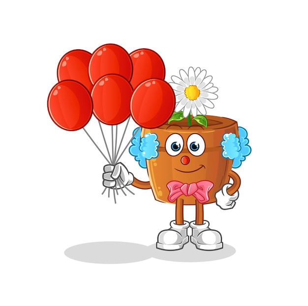 Flower pot clown with balloons vector. cartoon character