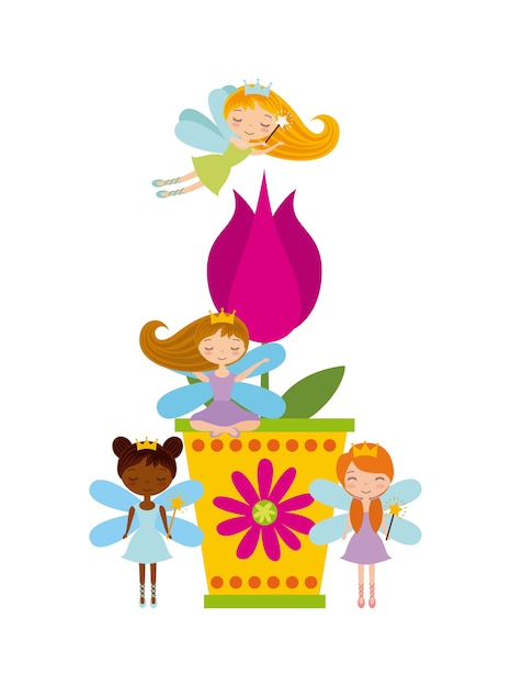 Vector flower in a pot and fairy girls