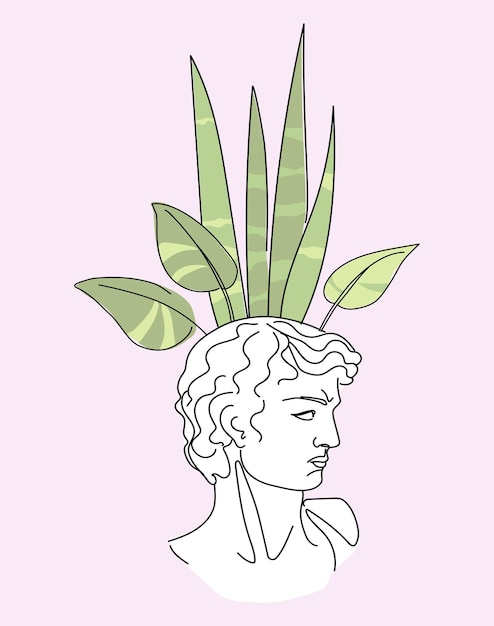 Vettore vaso di fiori sotto forma di una statua antica con una pianta d'appartamento illustrazione vettoriale in stile doodle