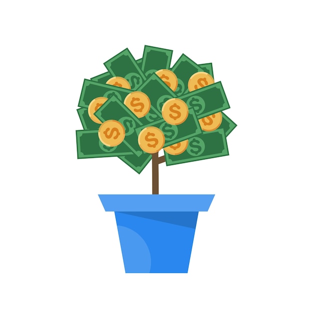 A flower pot from which grows a bush covered with coins and dollar bills