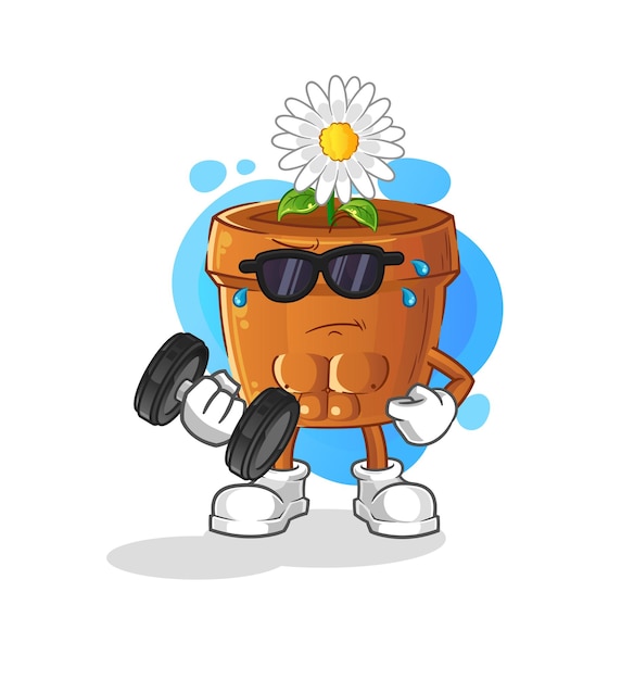 Flower pot lifting dumbbell vector. cartoon character